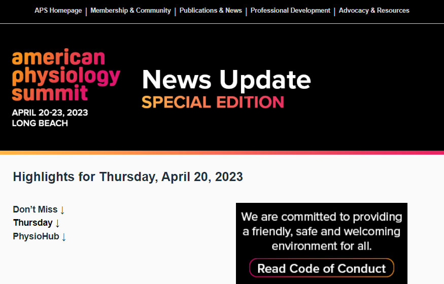 News Update Special Edition. Highlights for Thursday, April 20, 2023. The American Physiology Summit is here! Below are program highlights for Thursday, April 20, 2023.