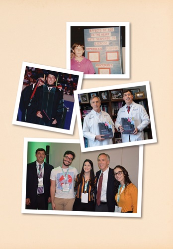 PHOTO CAPTIONS: Top: future heart researcher Michael, age 9, at a science fair. Left: Michael graduating from medical school at the University of Mississippi Medical Center and being hooded by his dad. Right: the Halls in 2020 with their collaboration, the 14th edition of the “Guyton and Hall Textbook of Medical Physiology.” Bottom: the Halls with medical students at a meeting in Ribeirão Preto, Brazil. Feature-3_Family-Ties_photos_Blood-Lines