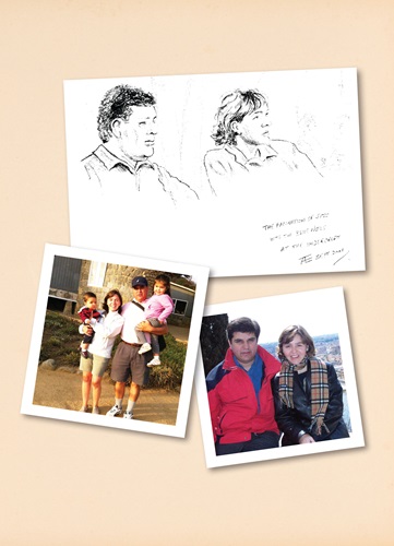 PHOTO CAPTIONS:  Top: the rough portrait a stranger in Bristol, England, drew of the two scientists before they started dating. Right: while dating, they traveled to Verona, Italy, to attend the 37th Annual Scientific Meeting of the European Society for Clinical Investigation. Bottom left: now with children, in 2011, the couple visit the house of Chilean poet Pablo Neruda, in Isla Negra, Chile. Feature-3_Family-Ties_photos_colleagues-to-spouses