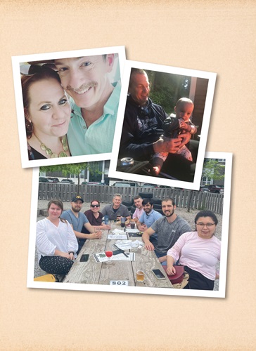 PHOTO CAPTIONS:  Top left: Bates and Tomasson. Right: Tomasson with their niece, Brynleigh, who, with her parents, got “stuck” living with Bates and Tomasson during the pandemic for eight months. Bottom: Bates and Tomasson’s lab teammates. Feature-3_Family-Ties_photos_Love-and-Laughter